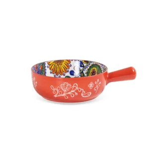 Travessa Redonda em Cerâmica Com Relevos e Alça Vermelho Com Desenho Floral Interno
